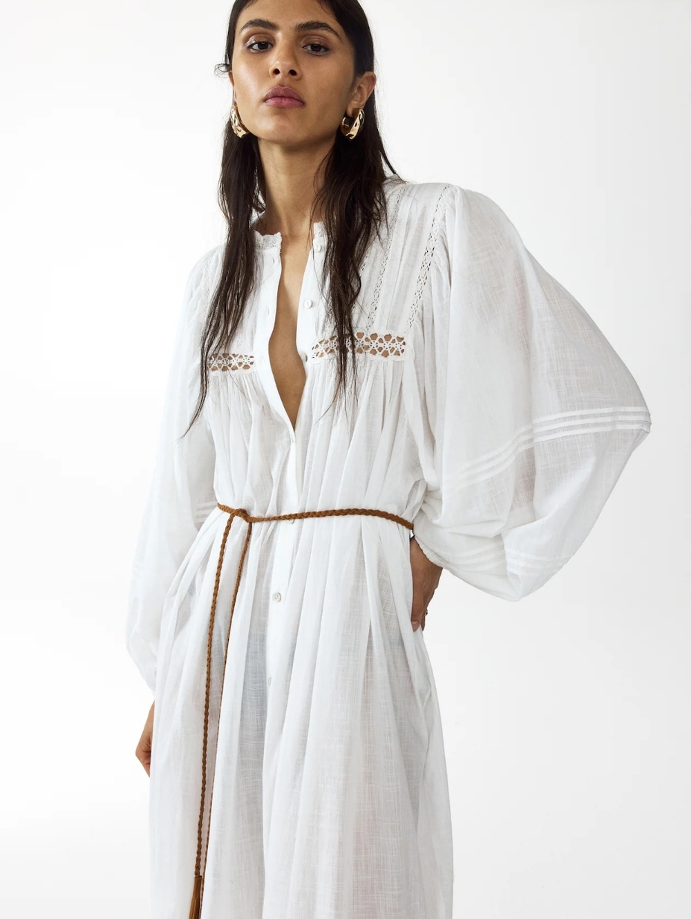 H&M Oversized Tie-Belt Tunic Dress Maxi White Unlined & See-through Bnwt - Picture 12 of 12